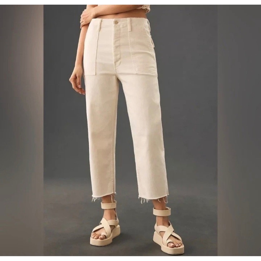 MOTHER Patch Pocket Private Ankle Fray Crop Jeans Cream Puffs Cut 7092 Size 24